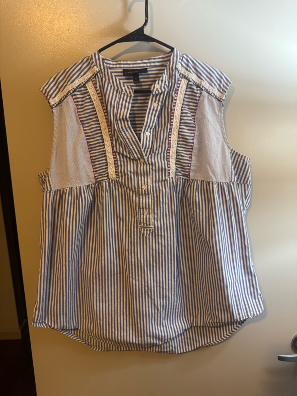Lane Bryant Blue & White Striped Sleeveless Tank with Lace Trim